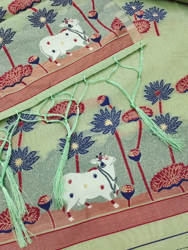 Pista_Muga_Banarasi_Cotton_Weaving_Unstitched_Kurta_Set_For_Women
