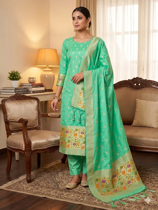 Sea_Green_Soft_Litchi_Banarasi_Silk_Weaving_Unstitched_Kurta_Set_For_Women