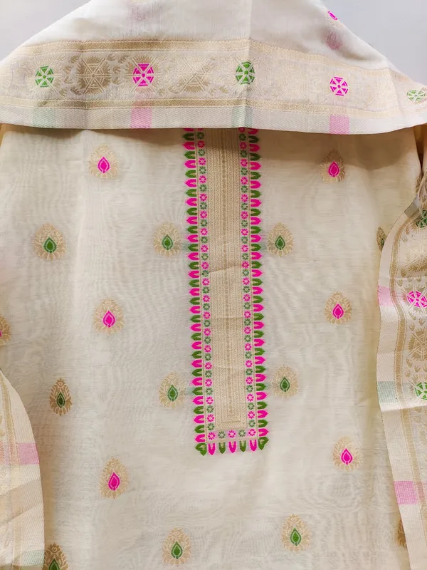White_Chanderi_Banarasi_Cotton_Weaving_Unstitched_Kurta_Set_For_Women