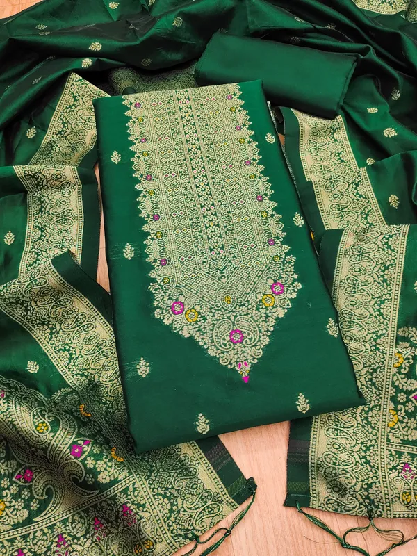 Bottle_Green_Soft_Litchi_Banarasi_Silk_Weaving_Unstitched_Kurta_Set_For_Women