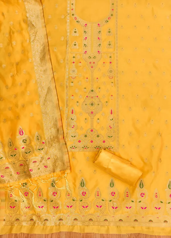 Yellow_Soft_Litchi_Banarasi_Silk_Weaving_Unstitched_Kurta_Set_For_Women
