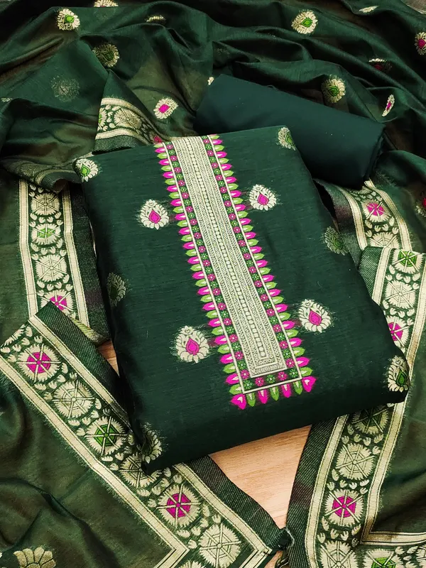 Bottle_Green_Chanderi_Banarasi_Cotton_Weaving_Unstitched_Kurta_Set_For_Women