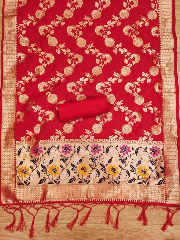 Red_Soft_Litchi_Banarasi_Silk_Weaving_Unstitched_Kurta_Set_For_Women