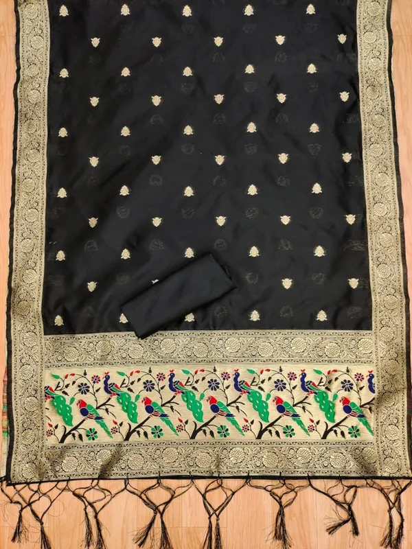 Black_Soft_Litchi_Banarasi_Silk_Weaving_Unstitched_Kurta_Set_For_Women