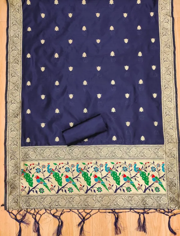 Navy_Blue_Soft_Litchi_Banarasi_Silk_Weaving_Unstitched_Kurta_Set_For_Women