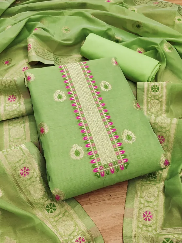 Pista_Chanderi_Banarasi_Cotton_Weaving_Unstitched_Kurta_Set_For_Women