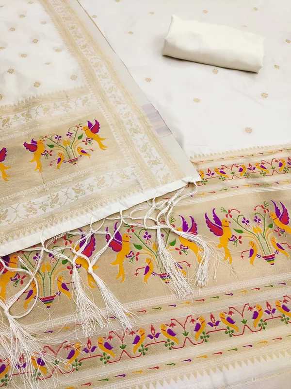 White_Soft_Litchi_Banarasi_Silk_Weaving_Unstitched_Kurta_Set_For_Women