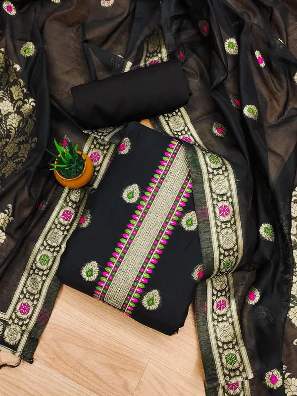 Black_Chanderi_Banarasi_Cotton_Weaving_Unstitched_Kurta_Set_For_Women