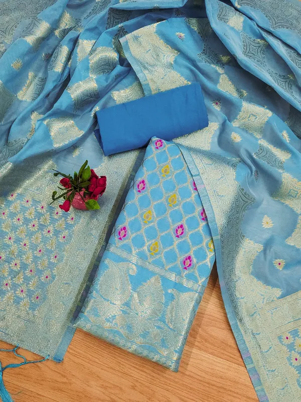 Sky_Blue_Chanderi_Banarasi_Cotton_Weaving_Unstitched_Kurta_Set_For_Women