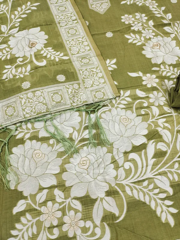 Light_Mehendi_Jamdani_Banarasi_Cotton_Weaving_Unstitched_Kurta_Set_For_Women