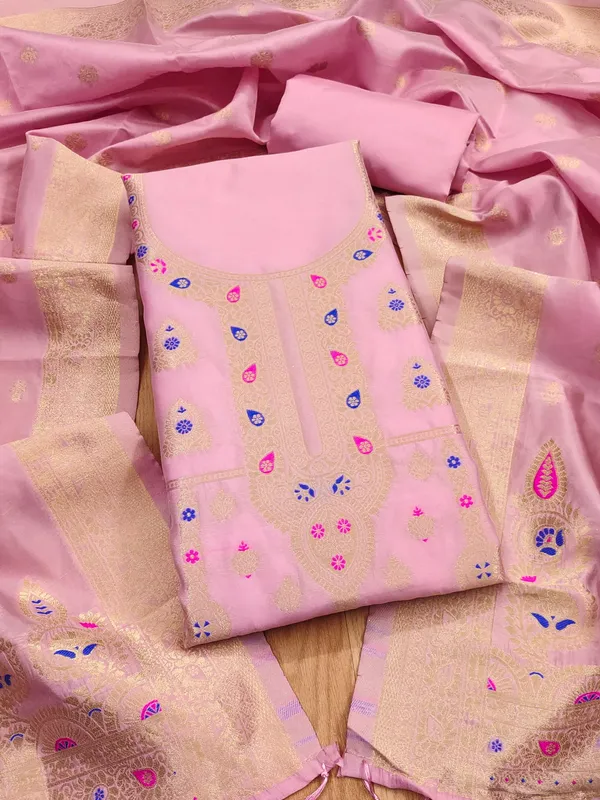 Pink_Soft_Litchi_Banarasi_Silk_Weaving_Unstitched_Kurta_Set_For_Women