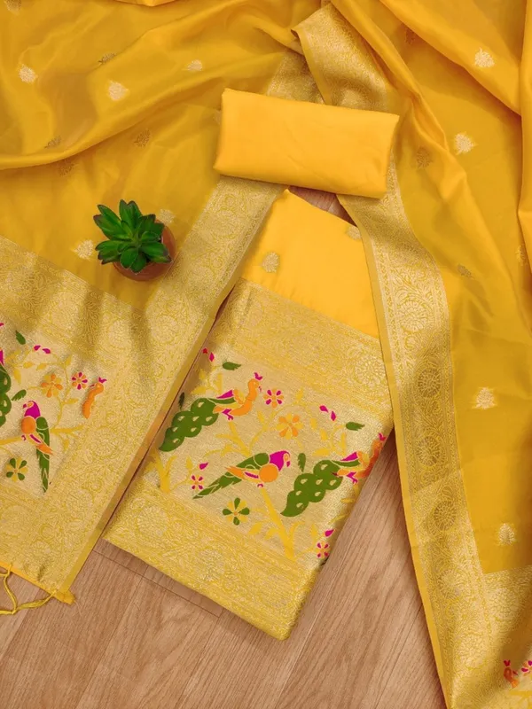 Yellow_Soft_Litchi_Banarasi_Silk_Weaving_Unstitched_Kurta_Set_For_Women