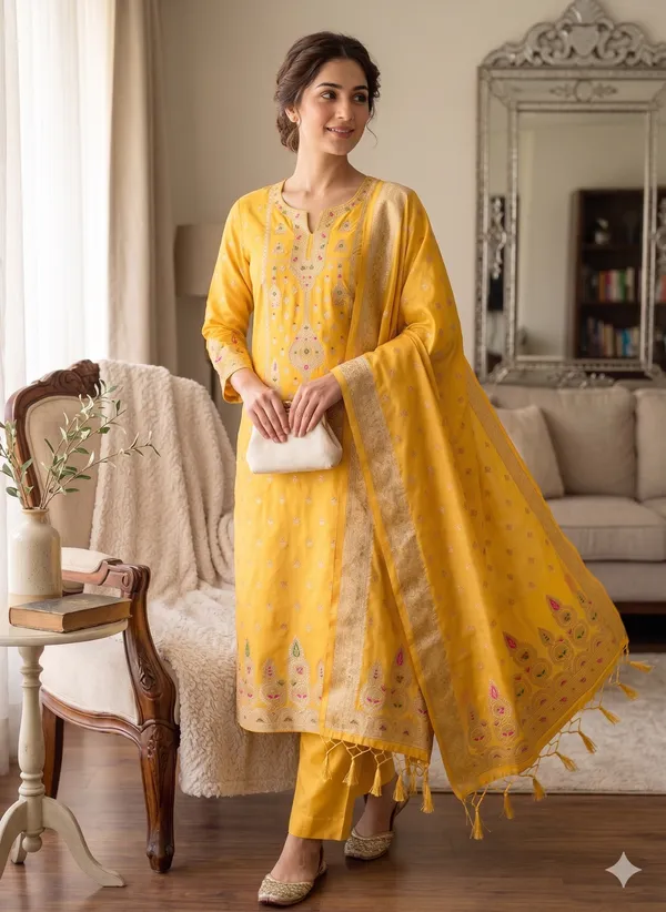 Yellow_Soft_Litchi_Banarasi_Silk_Weaving_Unstitched_Kurta_Set_For_Women