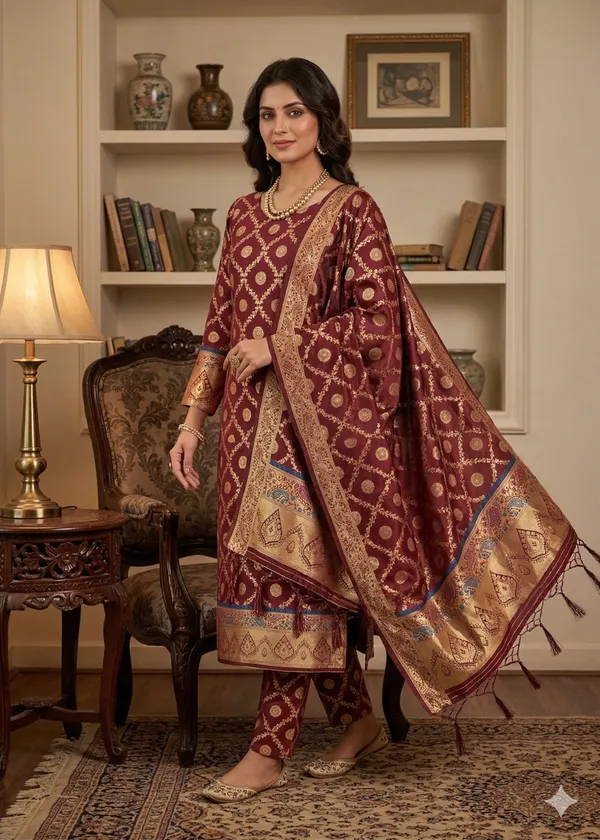 Maroon_Soft_Litchi_Banarasi_Silk_Weaving_Unstitched_Kurta_Set_For_Women