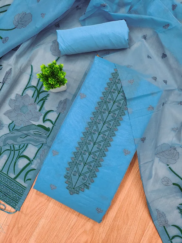 Sky_Blue_Muga_Banarasi_Cotton_Weaving_Unstitched_Kurta_Set_For_Women