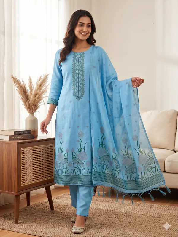 Sky_Blue_Muga_Banarasi_Cotton_Weaving_Unstitched_Kurta_Set_For_Women