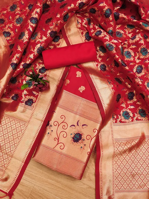 Red_Soft_Litchi_Banarasi_Silk_Weaving_Unstitched_Kurta_Set_For_Women