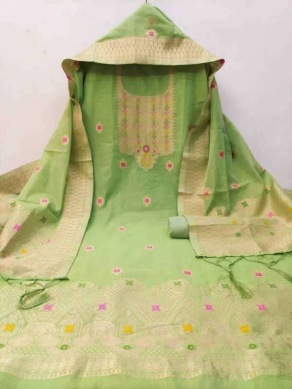Pista_Chanderi_Banarasi_Cotton_Weaving_Unstitched_Kurta_Set_For_Women