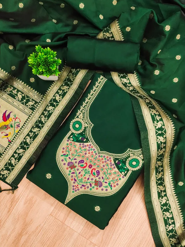 Bottle_Green_Soft_Litchi_Banarasi_Silk_Weaving_Unstitched_Kurta_Set_For_Women