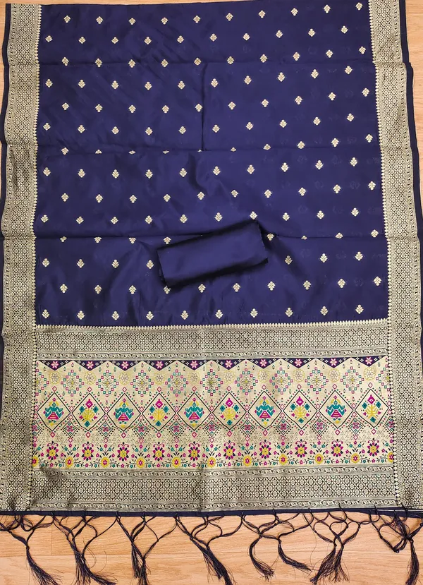 Navy_Blue_Soft_Litchi_Banarasi_Silk_Weaving_Unstitched_Kurta_Set_For_Women