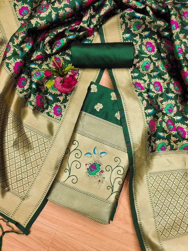 Bottle_Green_Soft_Litchi_Banarasi_Silk_Weaving_Unstitched_Kurta_Set_For_Women