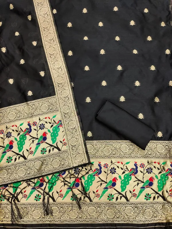 Black_Soft_Litchi_Banarasi_Silk_Weaving_Unstitched_Kurta_Set_For_Women