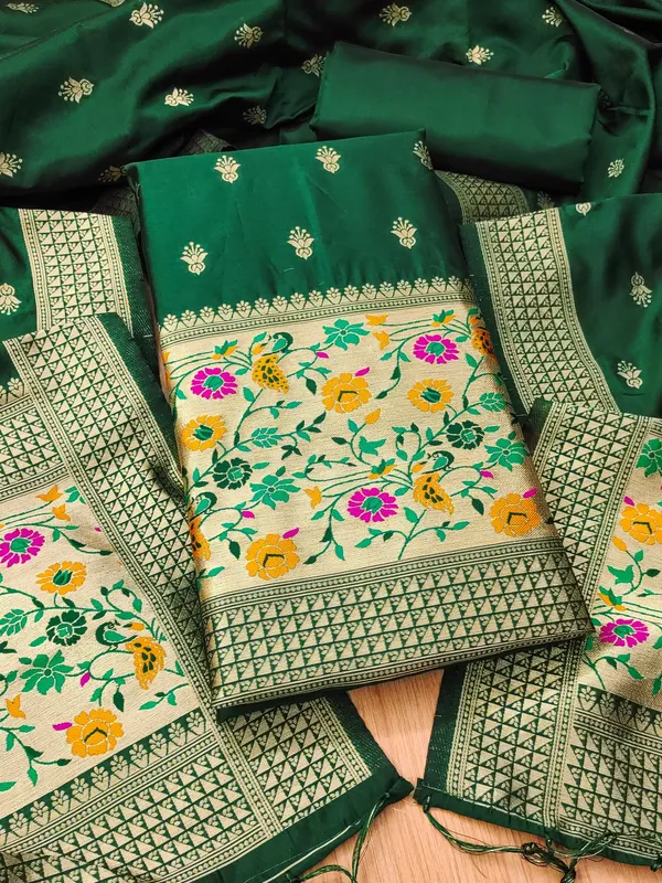 Bottle_Green_Soft_Litchi_Banarasi_Silk_Weaving_Unstitched_Kurta_Set_For_Women