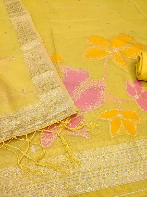 Yellow_Shimmer_Banarasi_Silk_Weaving_Unstitched_Kurta_Set_For_Women