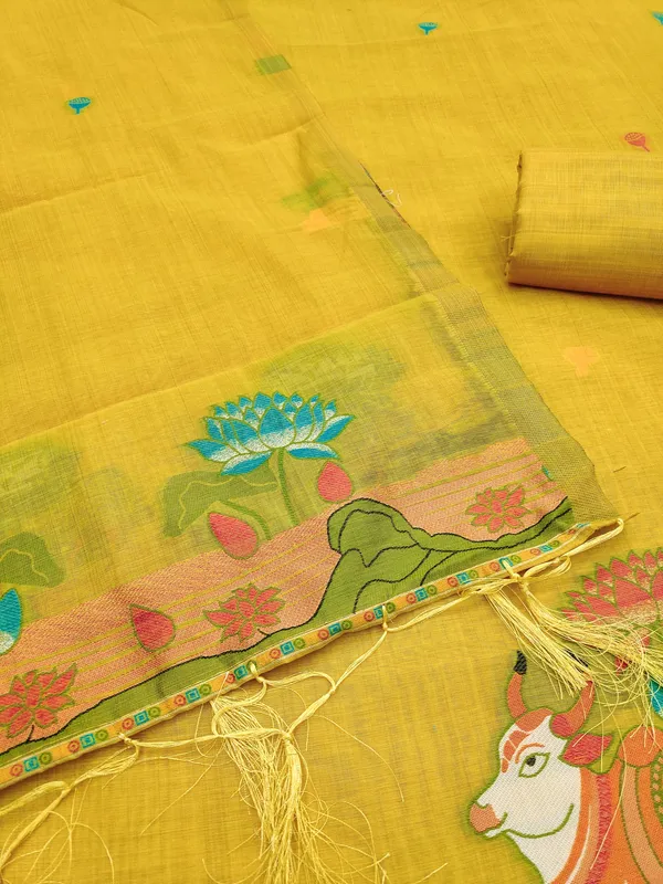 Yellow_Jamdani_Banarasi_Cotton_Weaving_Unstitched_Kurta_Set_For_Women