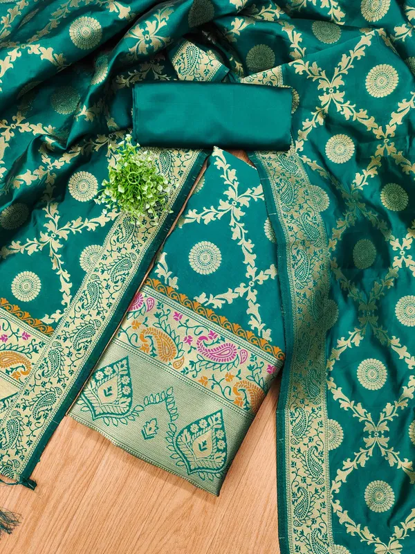 Teal_Soft_Litchi_Banarasi_Silk_Weaving_Unstitched_Kurta_Set_For_Women