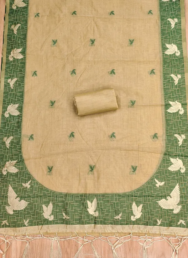 Beige_Jamdani_Banarasi_Cotton_Weaving_Unstitched_Kurta_Set_For_Women