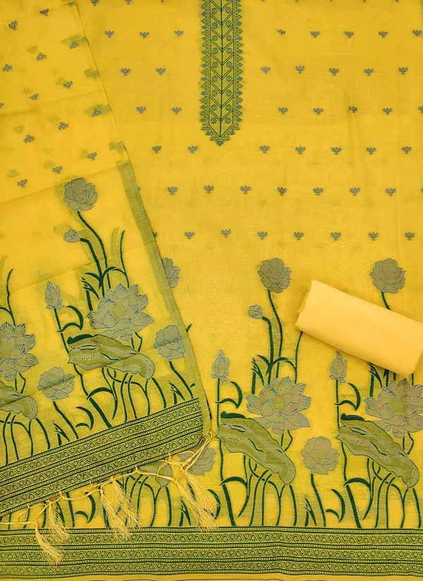 Yellow_Muga_Banarasi_Cotton_Weaving_Unstitched_Kurta_Set_For_Women