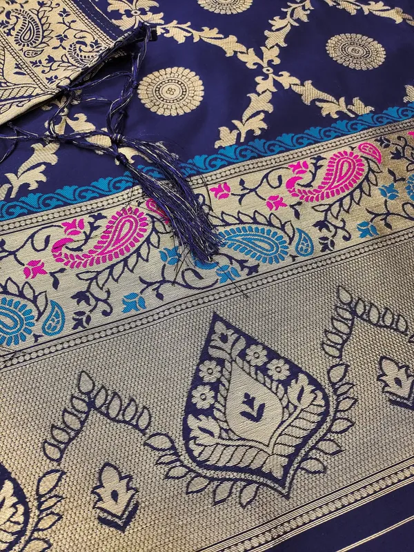 Navy_Blue_Soft_Litchi_Banarasi_Silk_Weaving_Unstitched_Kurta_Set_For_Women