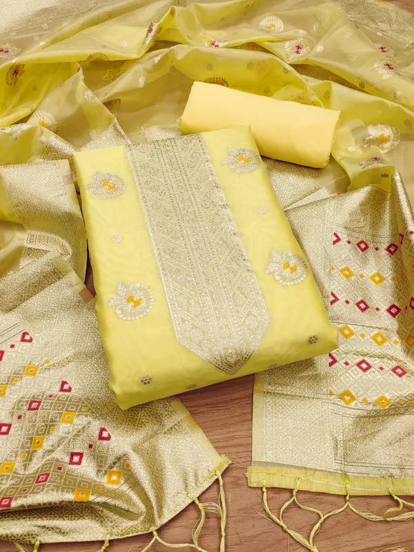 Yellow_Organza_Banarasi_Silk_Weaving_Unstitched_Kurta_Set_For_Women