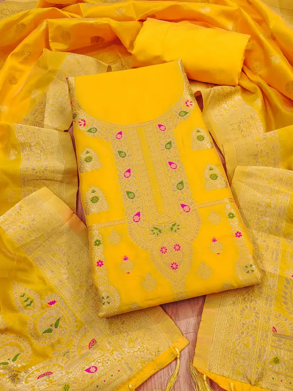 Yellow_Soft_Litchi_Banarasi_Silk_Weaving_Unstitched_Kurta_Set_For_Women