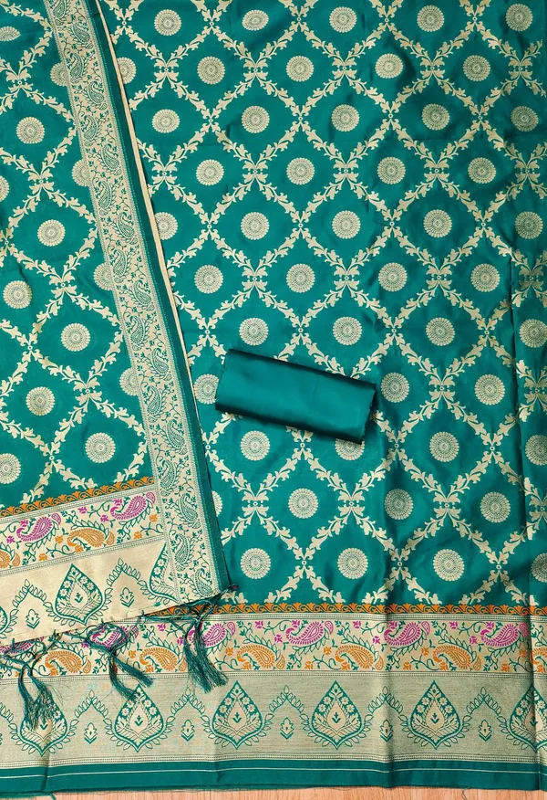 Teal_Soft_Litchi_Banarasi_Silk_Weaving_Unstitched_Kurta_Set_For_Women