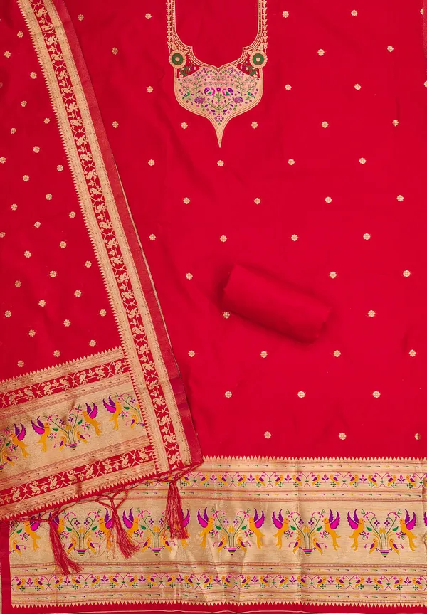 Red_Soft_Litchi_Banarasi_Silk_Weaving_Unstitched_Kurta_Set_For_Women