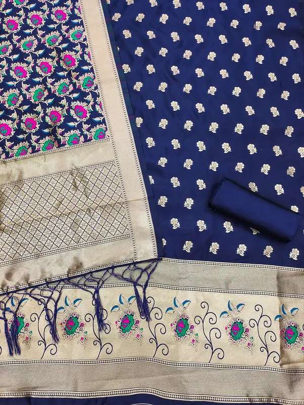 Navy_Blue_Soft_Litchi_Banarasi_Silk_Weaving_Unstitched_Kurta_Set_For_Women