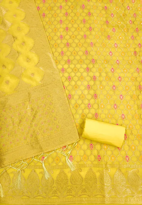 Yellow_Chanderi_Banarasi_Cotton_Weaving_Unstitched_Kurta_Set_For_Women