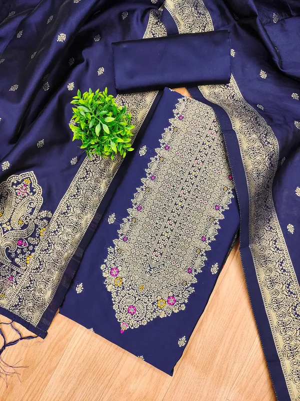 Navy_Blue_Soft_Litchi_Banarasi_Silk_Weaving_Unstitched_Kurta_Set_For_Women