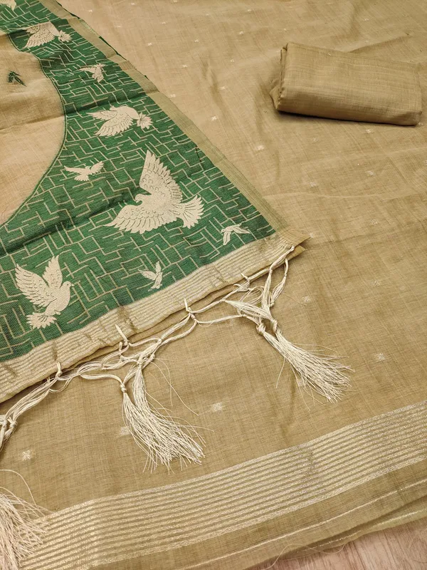 Beige_Jamdani_Banarasi_Cotton_Weaving_Unstitched_Kurta_Set_For_Women