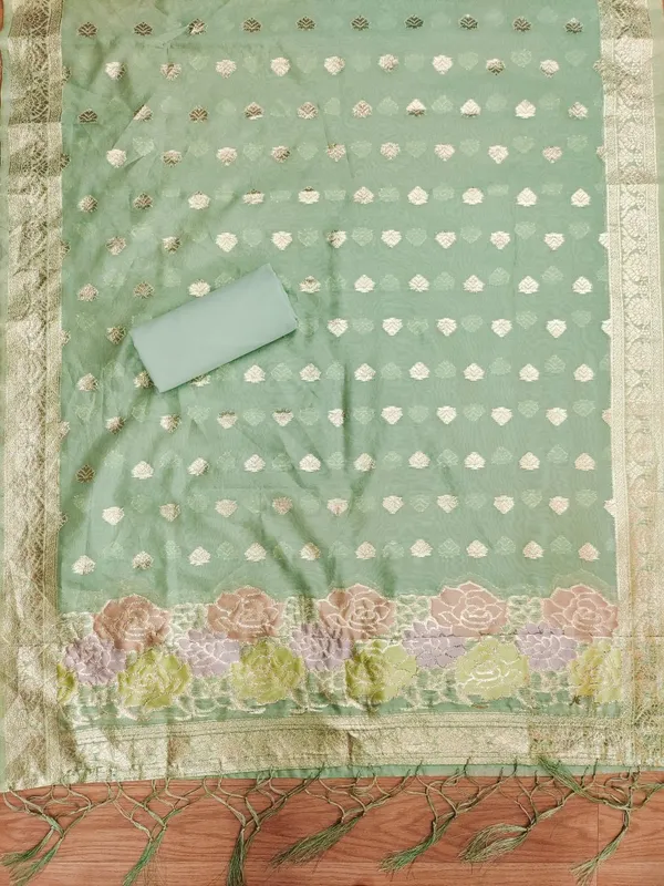 Green_Organza_Banarasi_Silk_Weaving_Unstitched_Kurta_Set_For_Women