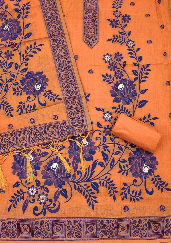 Orange_Jamdani_Banarasi_Cotton_Weaving_Unstitched_Kurta_Set_For_Women