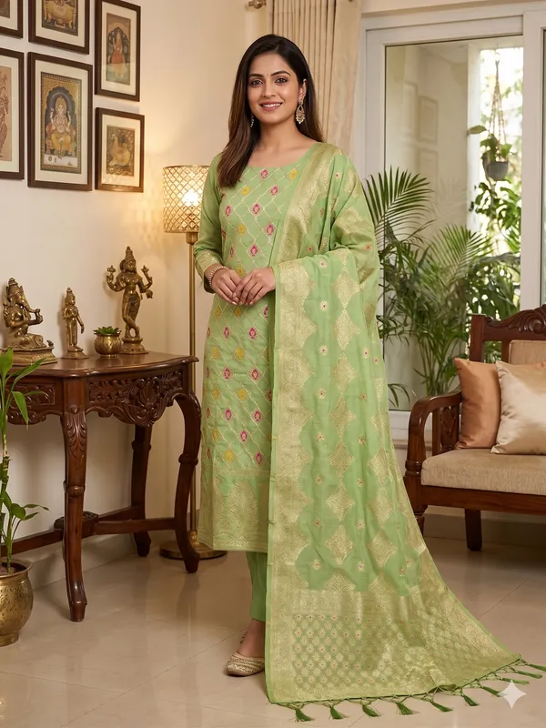Pista_Chanderi_Banarasi_Cotton_Weaving_Unstitched_Kurta_Set_For_Women