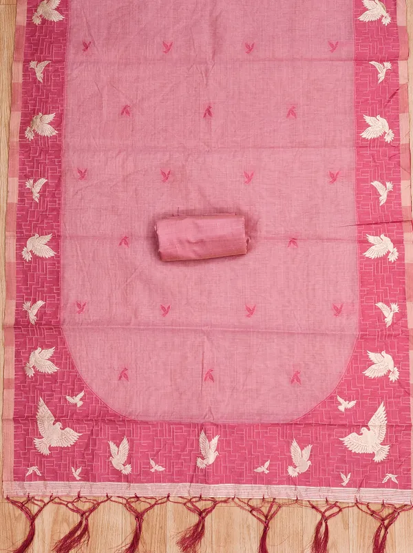 Pink_Jamdani_Banarasi_Cotton_Weaving_Unstitched_Kurta_Set_For_Women
