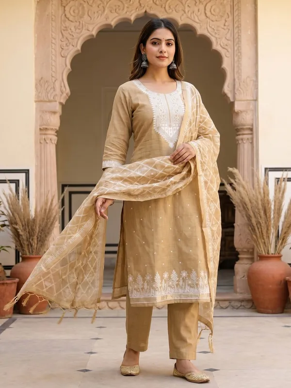 Cream_Jamdani_Banarasi_Cotton_Weaving_Unstitched_Kurta_Set_For_Women
