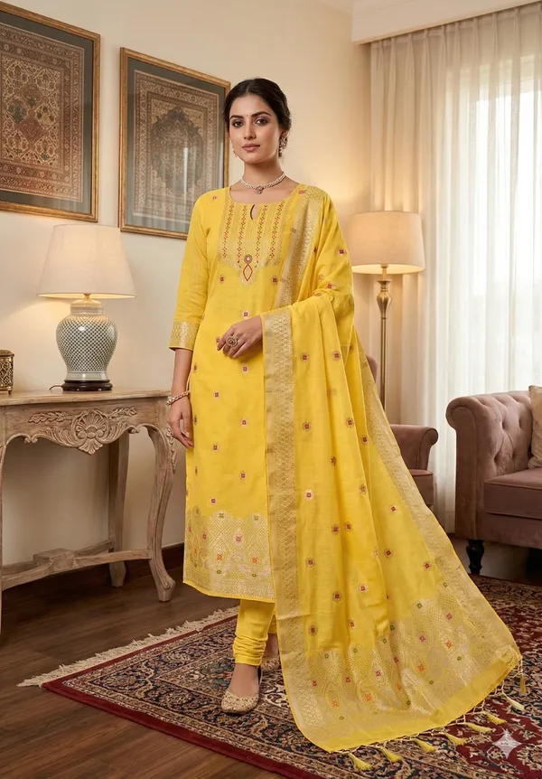 Yellow_Chanderi_Banarasi_Cotton_Weaving_Unstitched_Kurta_Set_For_Women