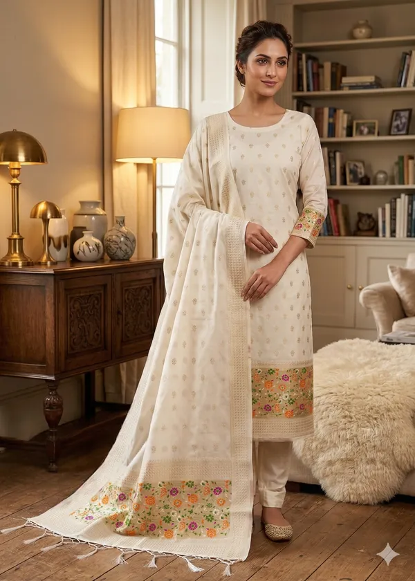 White_Soft_Litchi_Banarasi_Silk_Weaving_Unstitched_Kurta_Set_For_Women