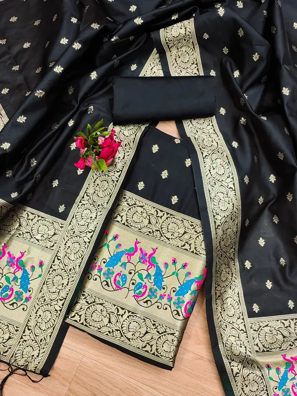 Black_Soft_Litchi_Banarasi_Silk_Weaving_Unstitched_Kurta_Set_For_Women