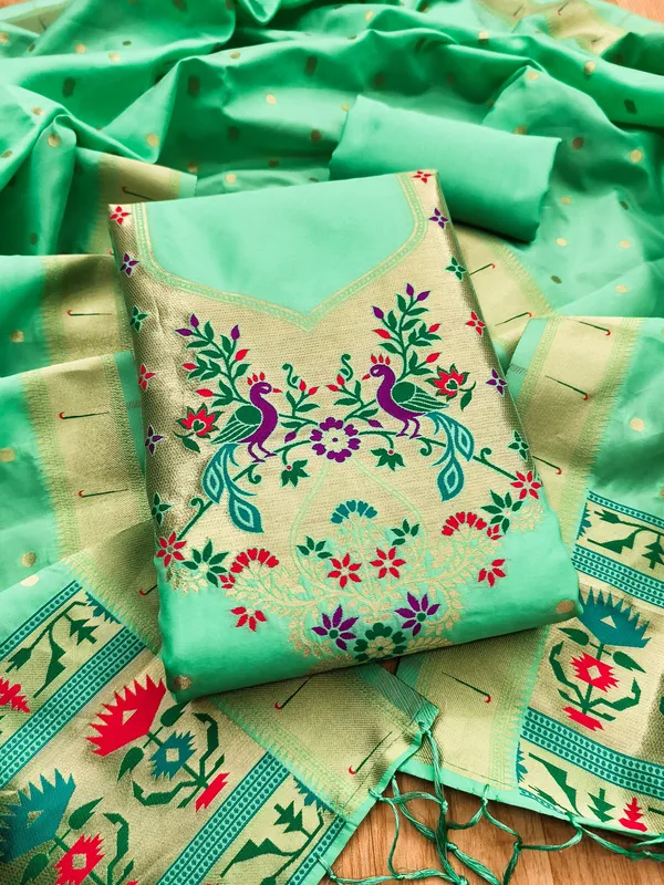 Sage_Green_Soft_Litchi_Banarasi_Silk_Weaving_Unstitched_Kurta_Set_For_Women